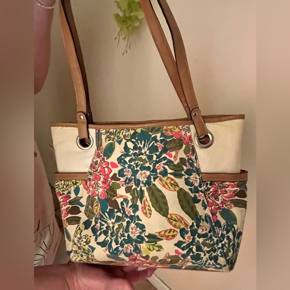 Floral Tote Bag with Tan Accents